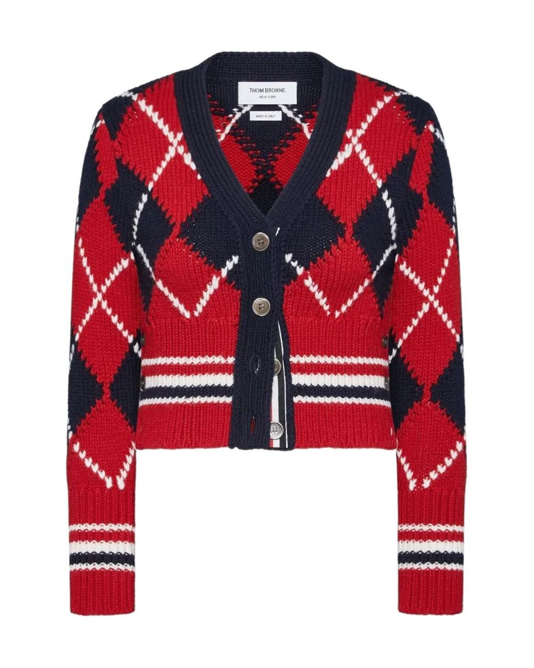 Thom Browne Red Argyle Intarsia V-Neck Cardigan