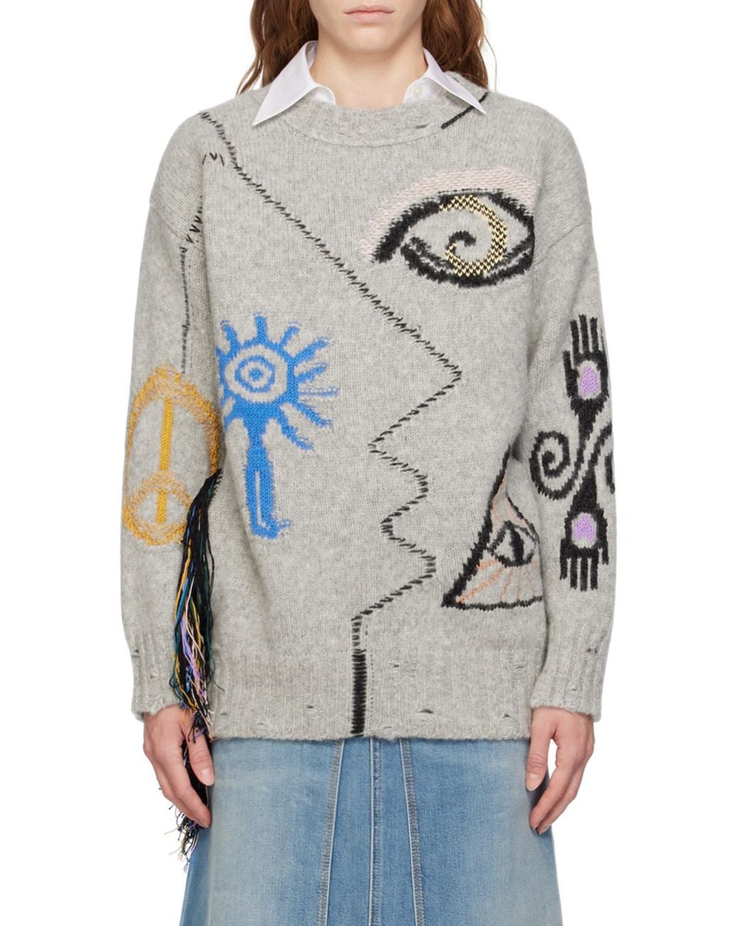 Stella McCartney White Art Embroidered Crewneck Knit Sweater