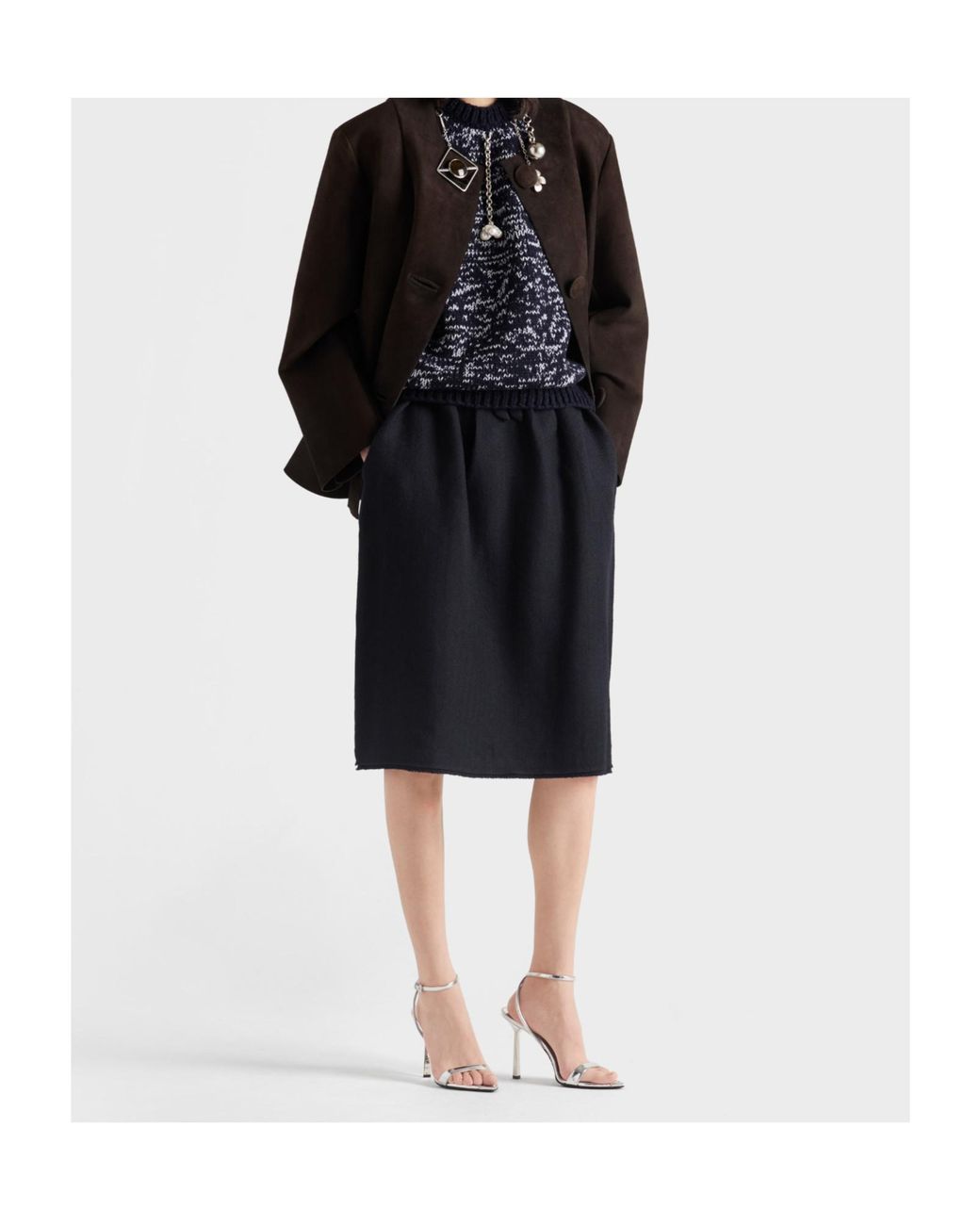 Prada Black Chevron Wool Midi Skirt