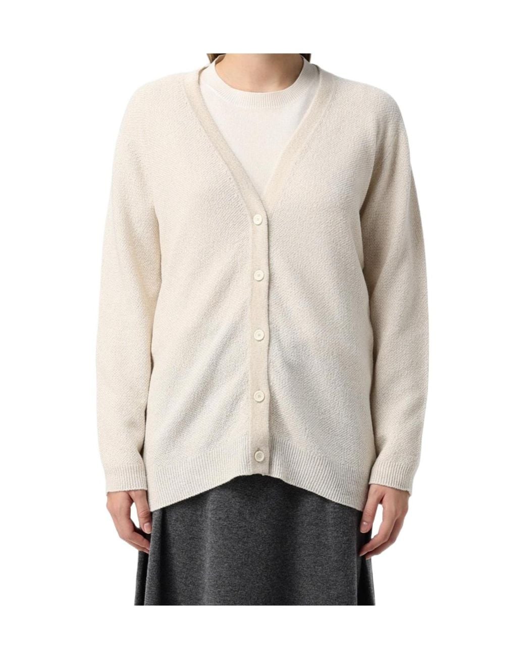 Fabiana Filippi Natural V-Neck Long-Sleeve Knit Top