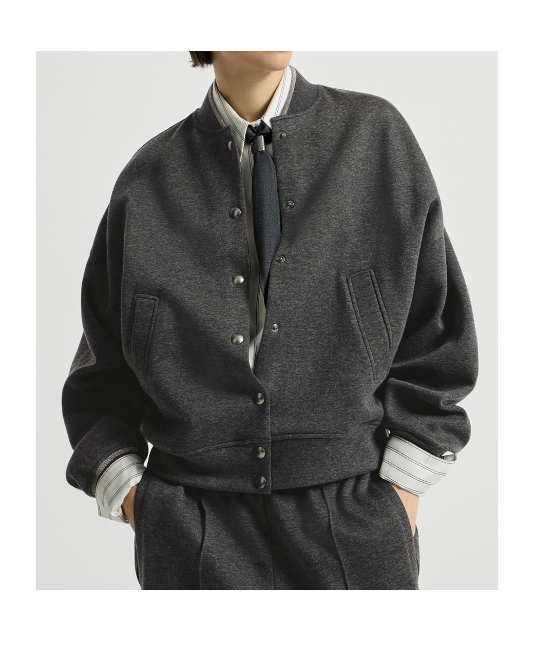 Brunello Cucinelli Gray Techno Cotton And Cashmere Interlock Bomber Jacket