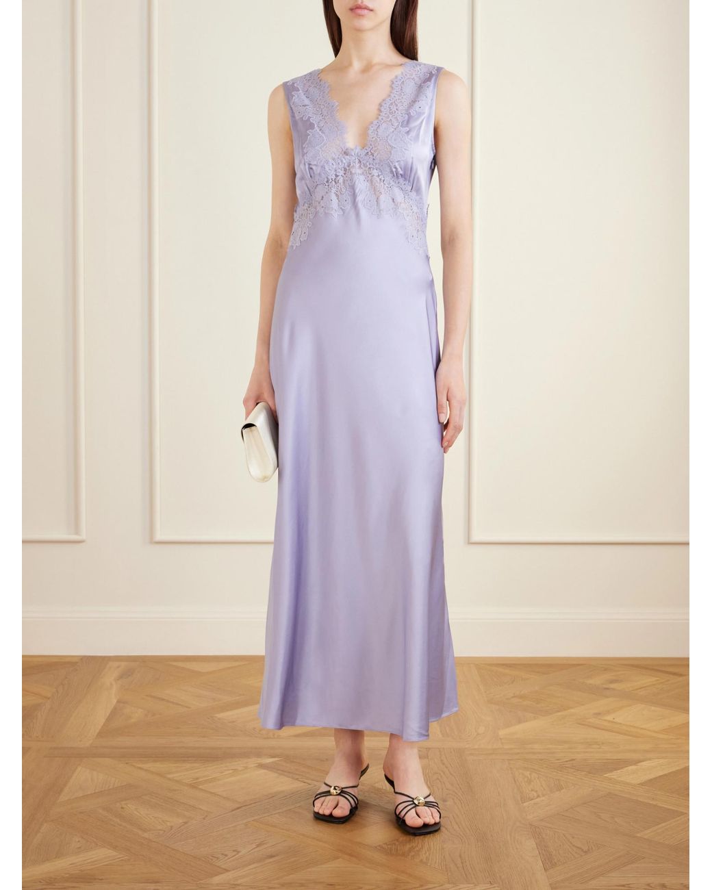 Rixo Purple Lace-Trimmed Satin Maxi Dress