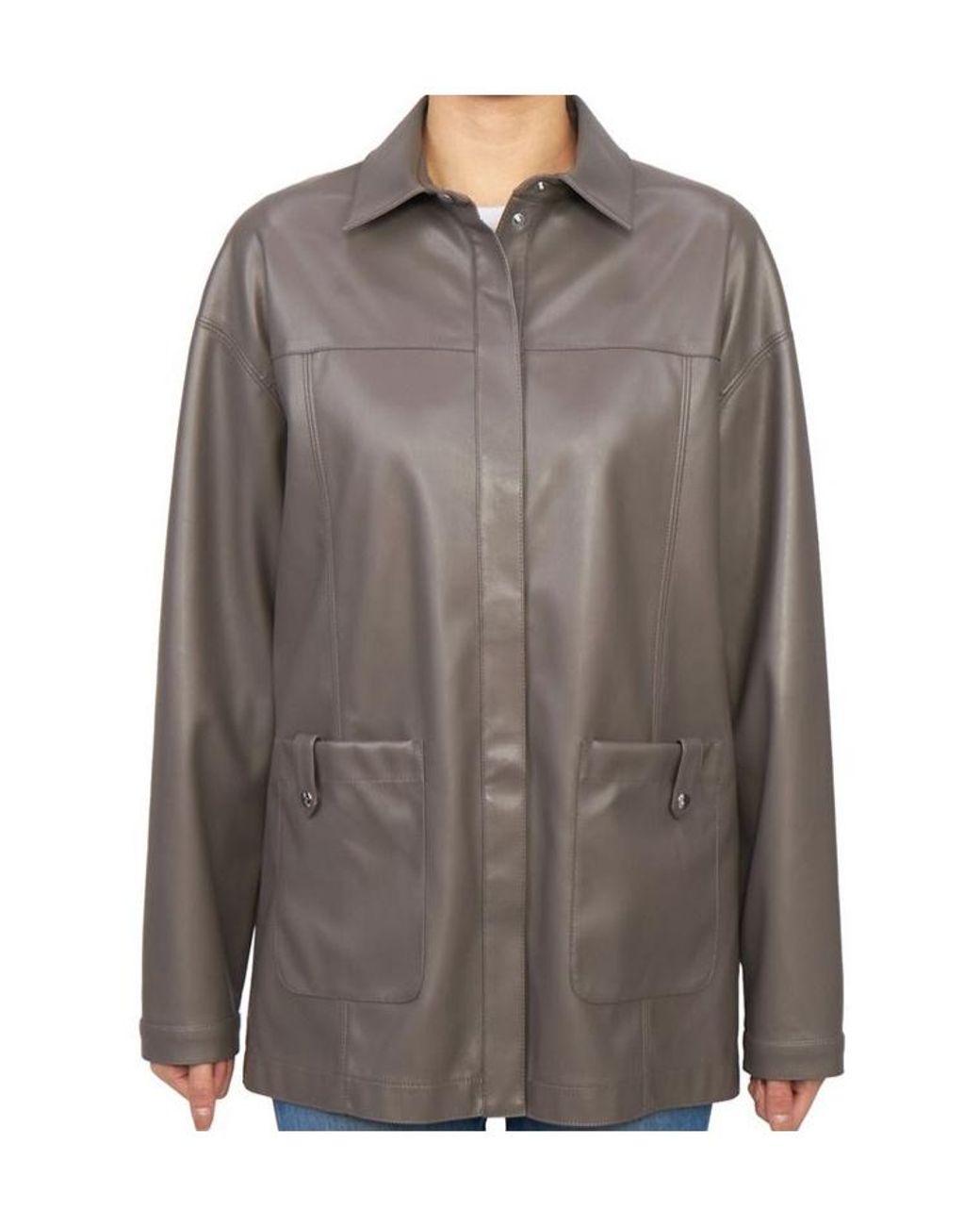 Max Mara Gray Collared Long-Sleeved Leather Jacket