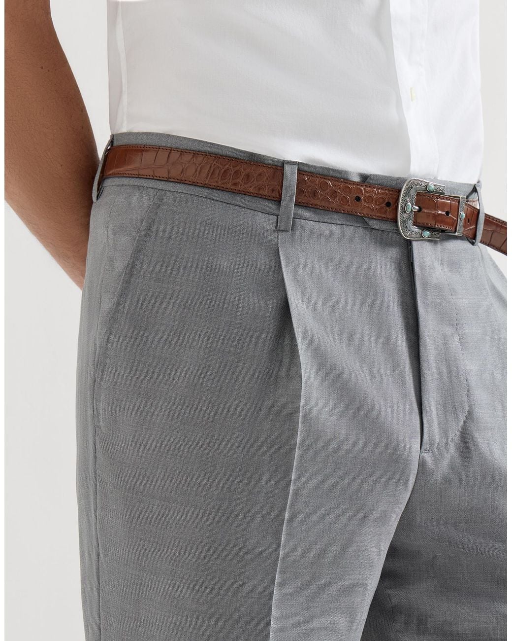 Brunello Cucinelli Gray Virgin Wool And Silk Lightweight Hopsack Trousers With Pleat for men