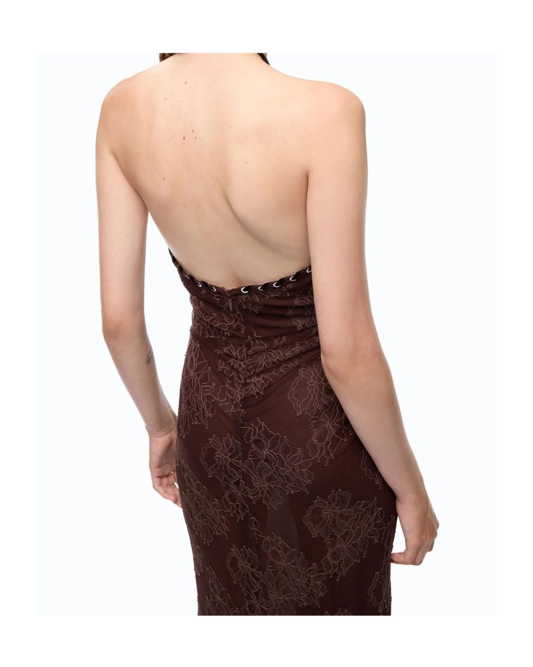 Pinko Brown Lace-Overlay Halterneck Dress