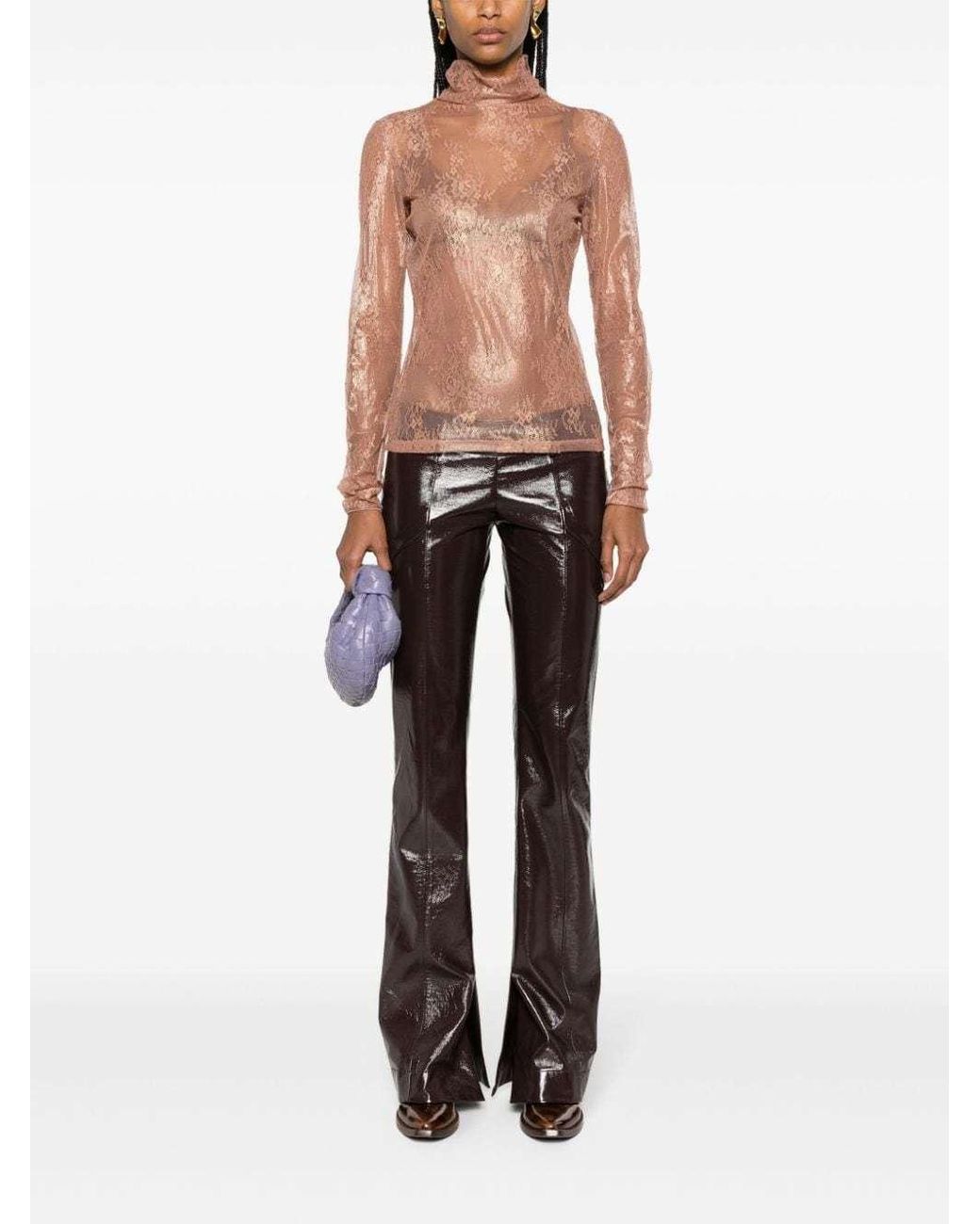 Pinko Pink Lace-Detailed Roll-Neck Semi-Sheer Top