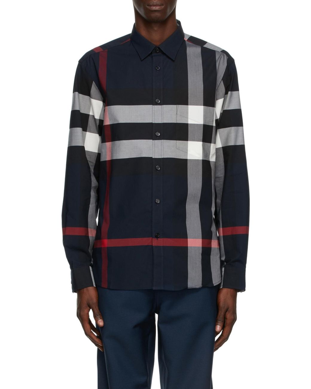 Burberry Blue Checked Stretched Poplin Shirt for men