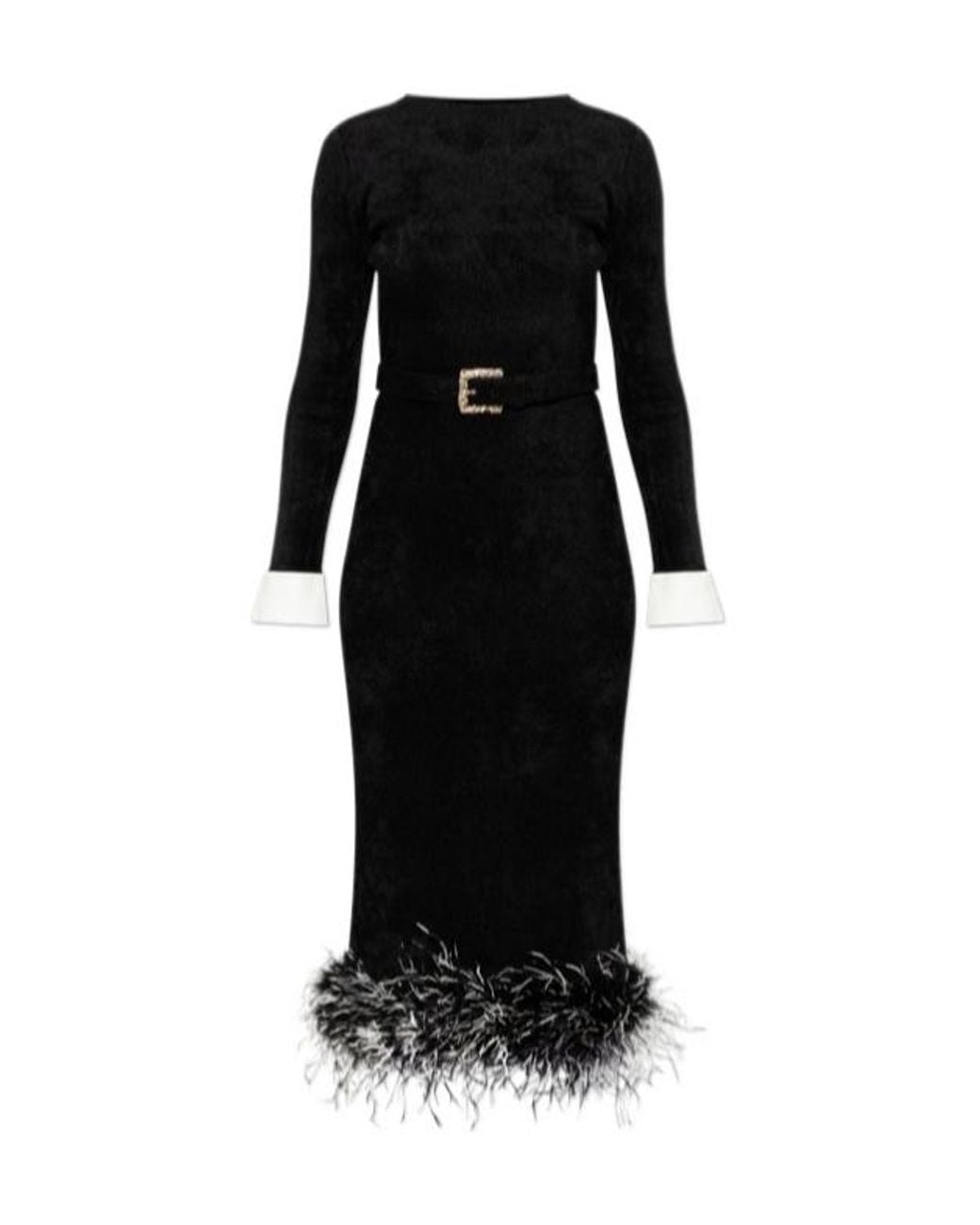 Self-Portrait Black Chenille Knit Feather Midi Dress