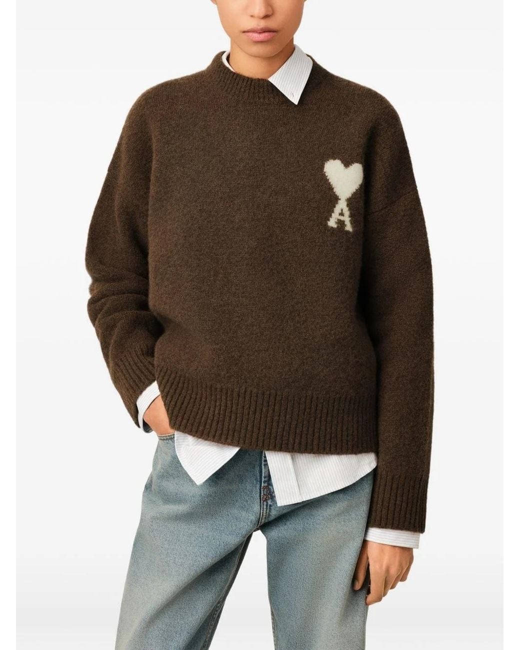 AMI Brown Long-Sleeved Knit Top