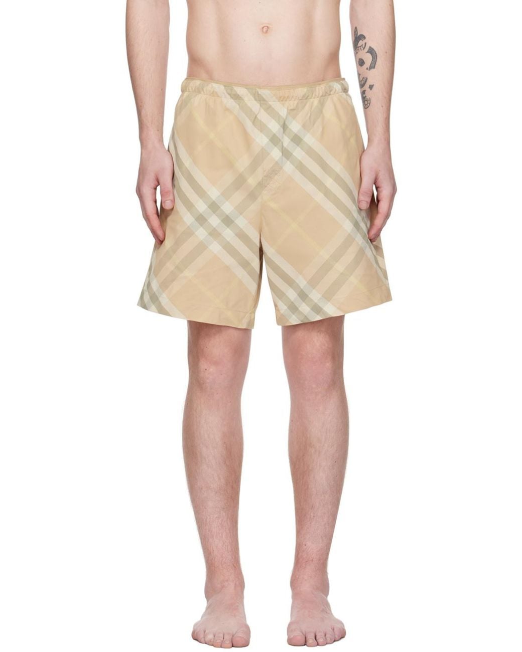 Burberry Natural Checked Elasticated-Waistband Swim Shorts for men