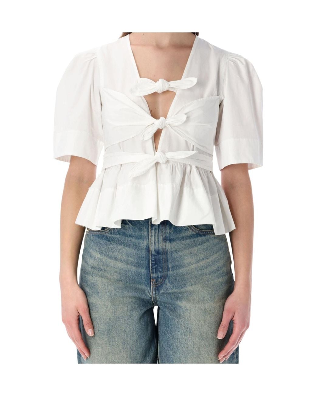 Ganni White Tie-Front Peplum Top