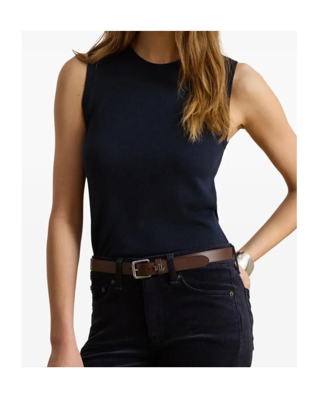 Ralph Lauren Blue Sleeveless Ribbed-Trim Top