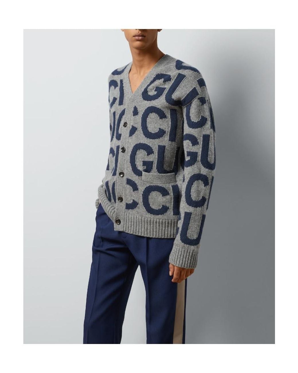 Gucci Blue Wool Cardigan With Intarsia for men
