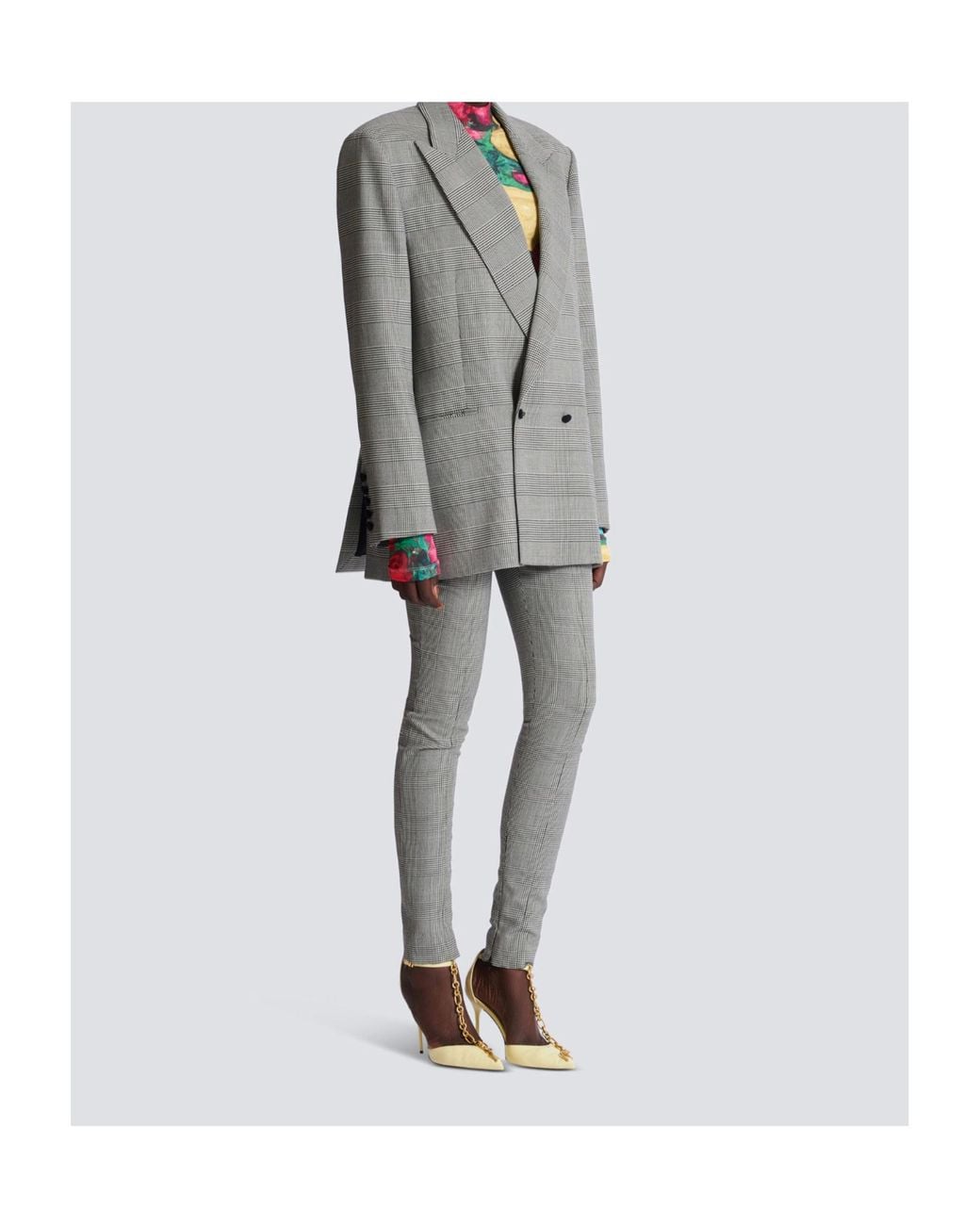 Balmain Gray Houndstooth Double-Breasted Wool-Blend Blazer