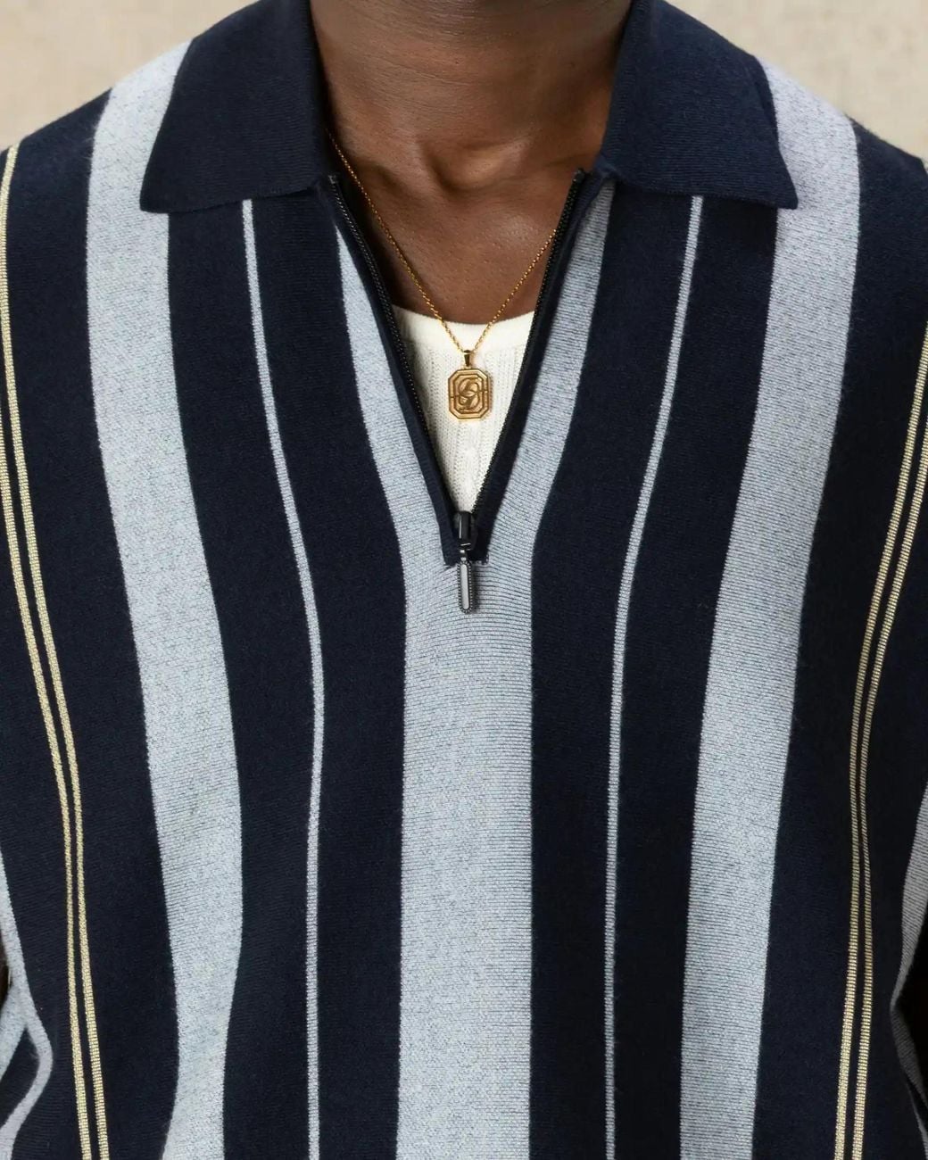Drole de Monsieur Blue Striped Zip-Up Polo Shirt for men
