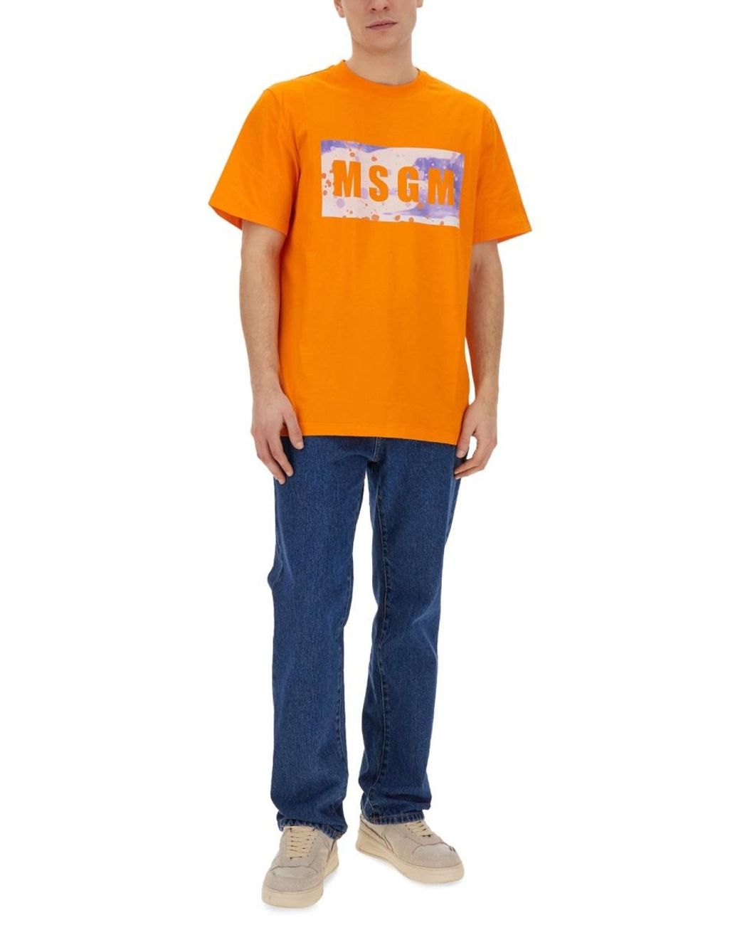 MSGM Orange Logo-Printed Crewneck T-Shirt for men