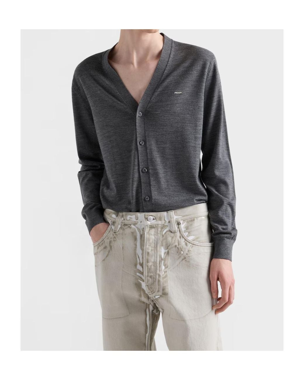 Prada Gray V-Neck Knitted Cardigan for men