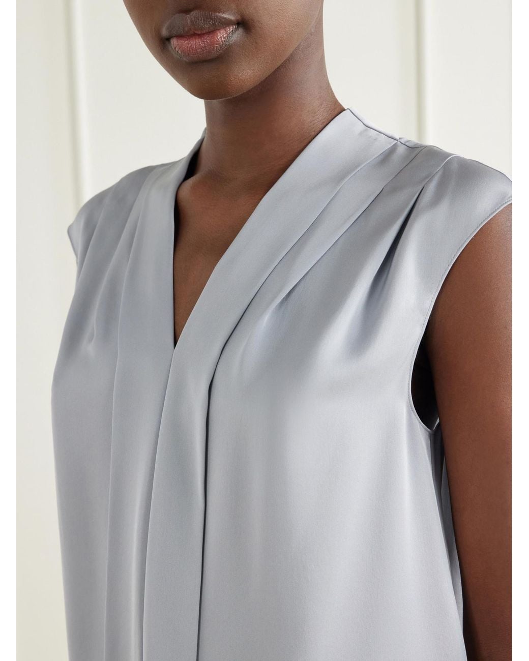 Theory Blue Pleated Silk-Satin Blouse