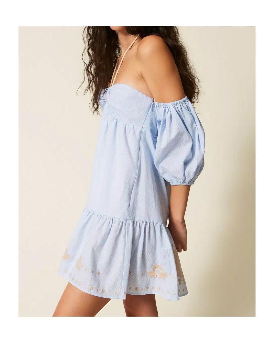 Twinset Blue Pinstripe Off-Shoulder Dress