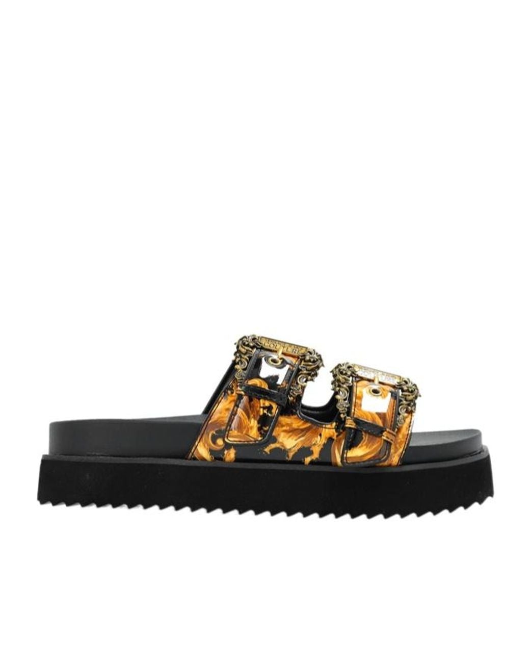 Versace Jeans Black Couture Buckle Embellished Barocco-Printed Sandals