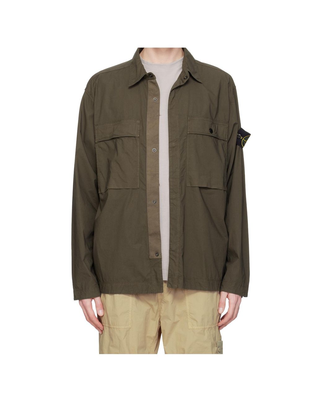 Stone Island Gray Logo Patch Long Sleeved Overshirt for men