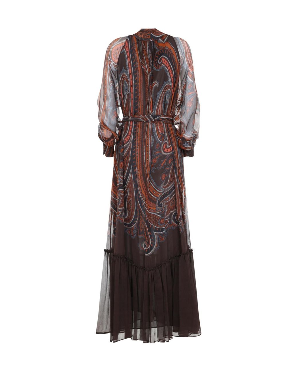 Etro Brown Paisley Print Maxi Silk Dress With Tie-Neck