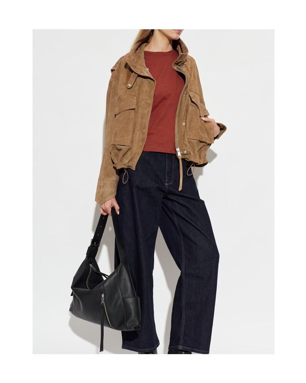 AllSaints Brown Suede Stand Collar Cargo Jacket