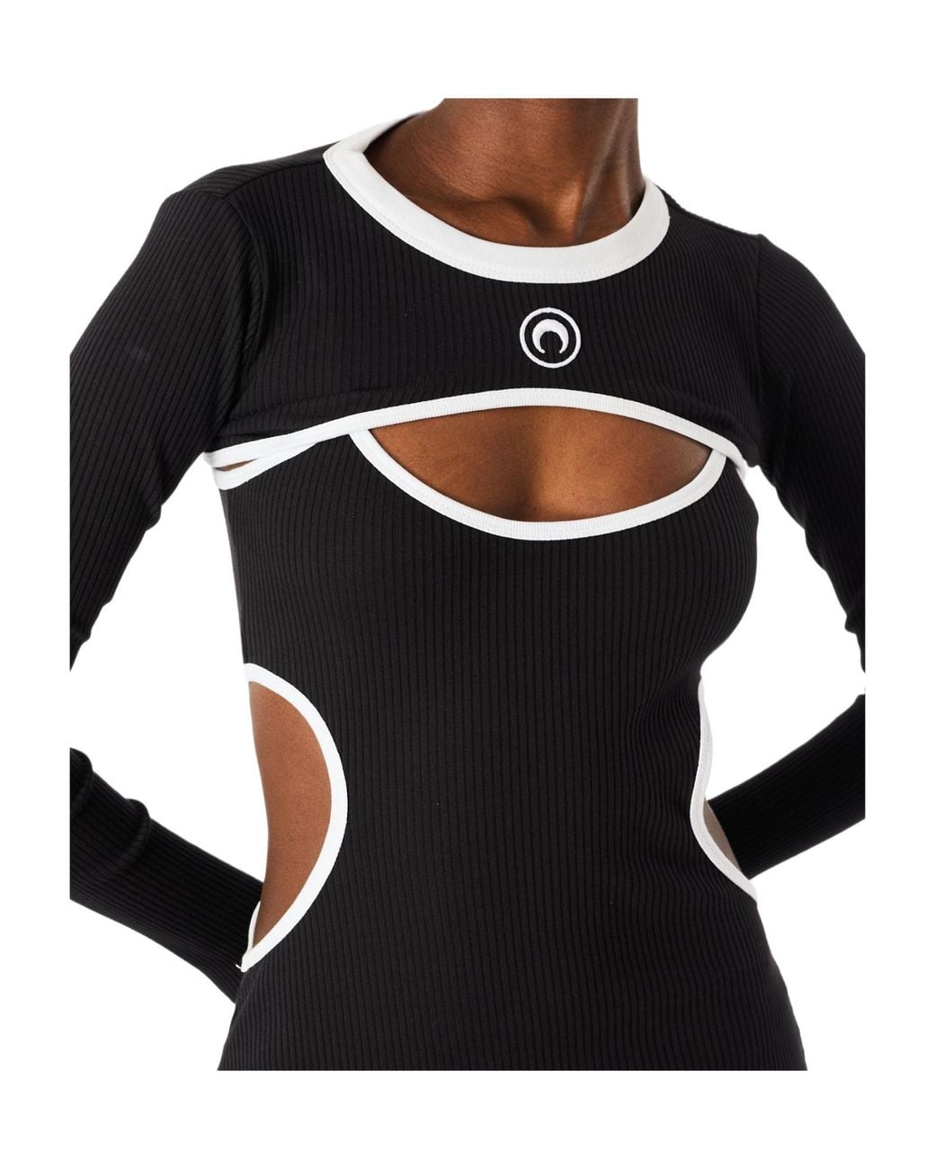 MARINE SERRE Black Moon Logo Bicolor Ribbed Jersey Cut-Out Long Dress