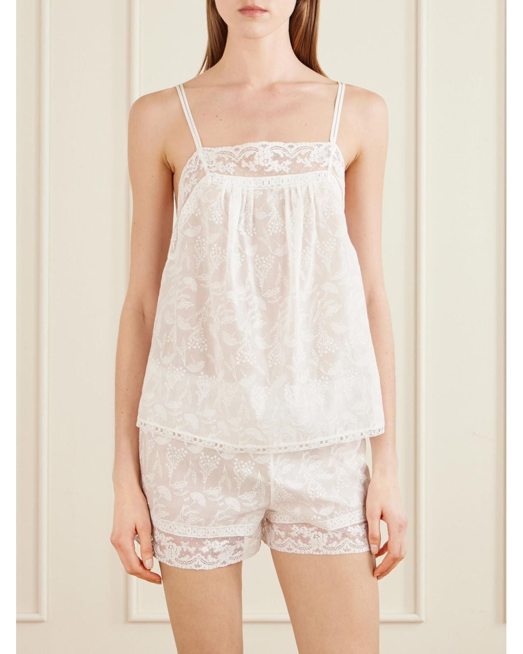 Eres White Embroidered Lace-Trimmed Cotton-Blend Voile Top