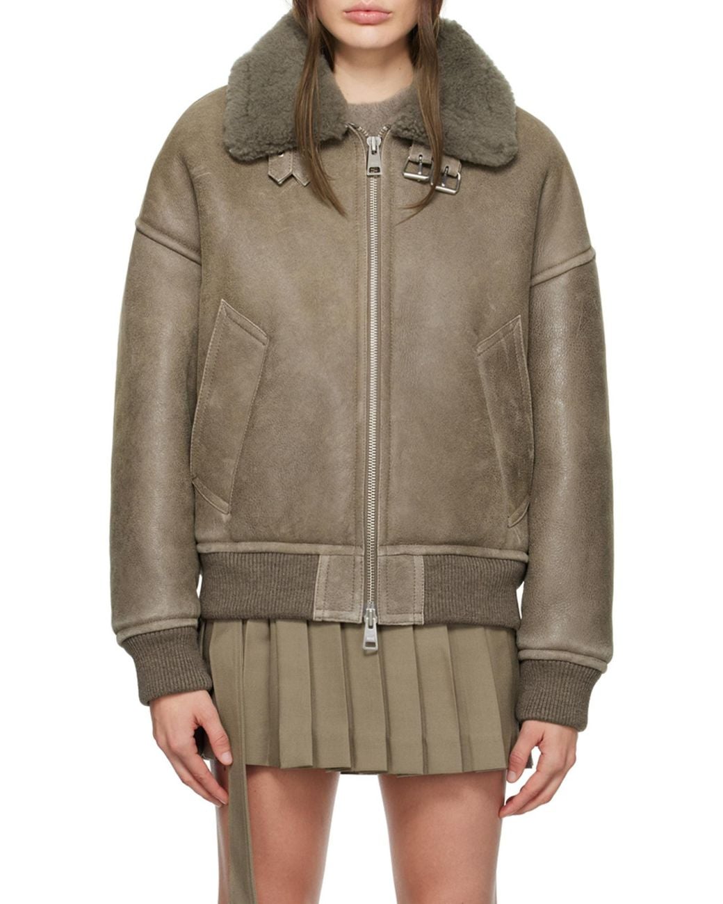 AMI Green Zipped Shearling Bomber Jacket for men