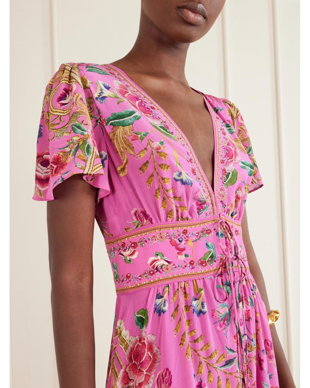 Camilla Pink Embroidered Printed Silk Maxi Dress