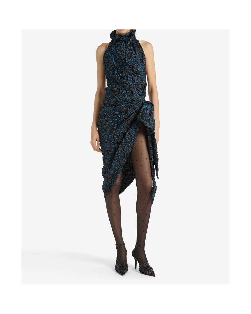 Balmain Blue Draped Cloqué Jacquard Dress