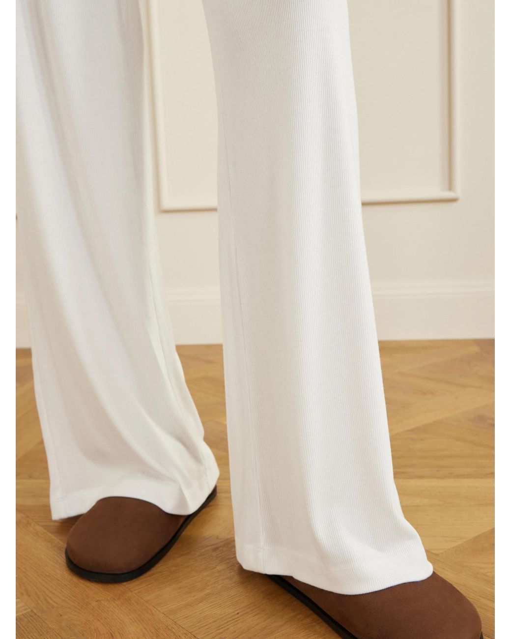 ÉTERNE White Easy Lounge Ribbed-Knit Jersey Wide-Leg Pants