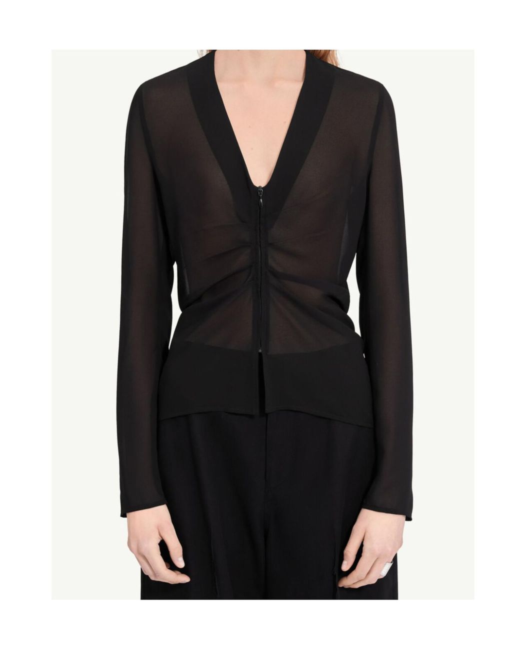 MM6 by Maison Margiela Black Gathered Chiffon V-Neck Top