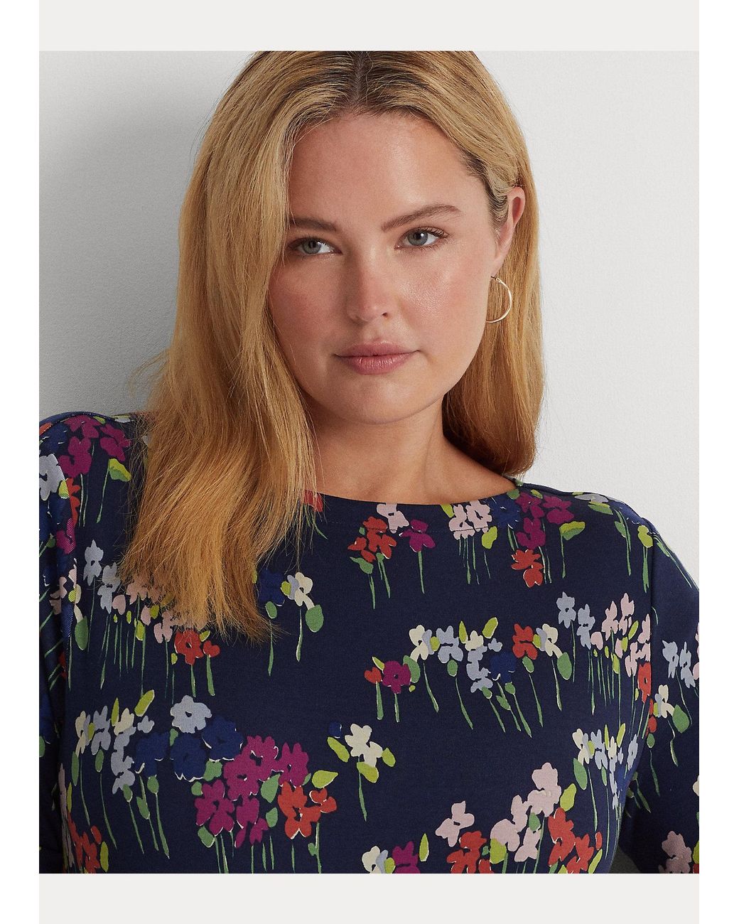 Ralph Lauren Blue Floral Boat-Neck Cotton T-Shirt