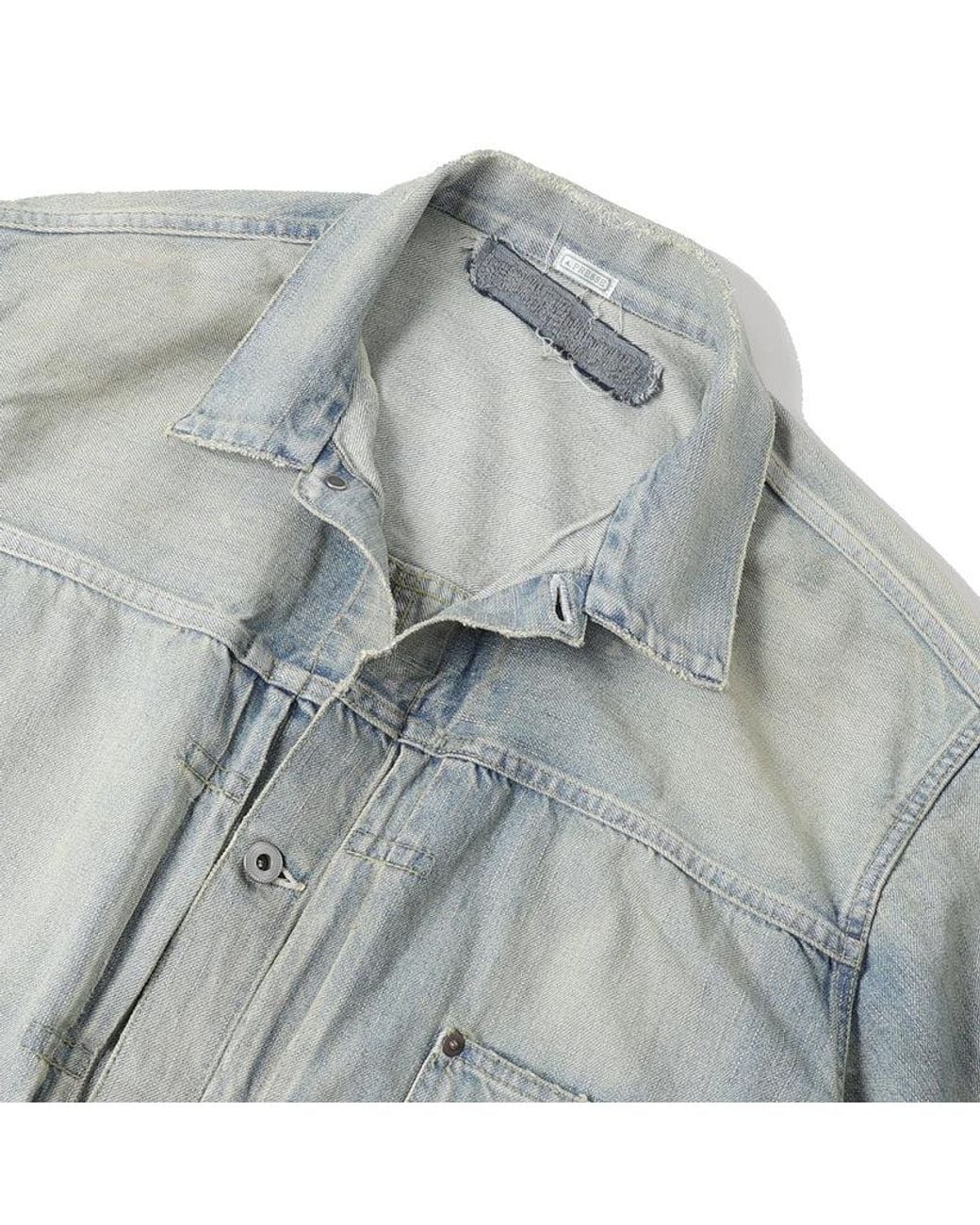A.PRESSE Blue Bleached-Effect Pleated Denim Jacket for men