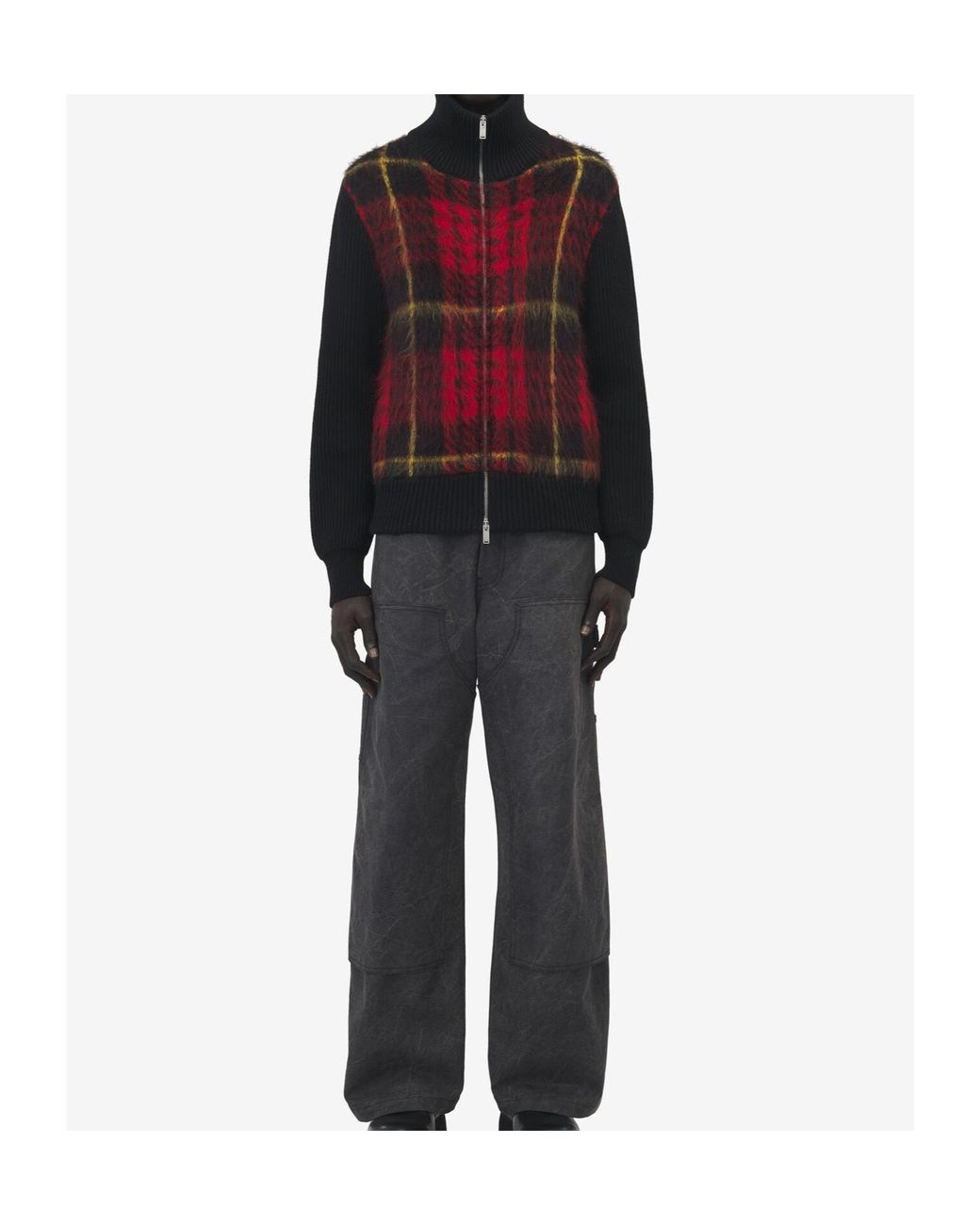 McQueen Red Tartan Brushed-Effect Zip-Up Cardigan for men