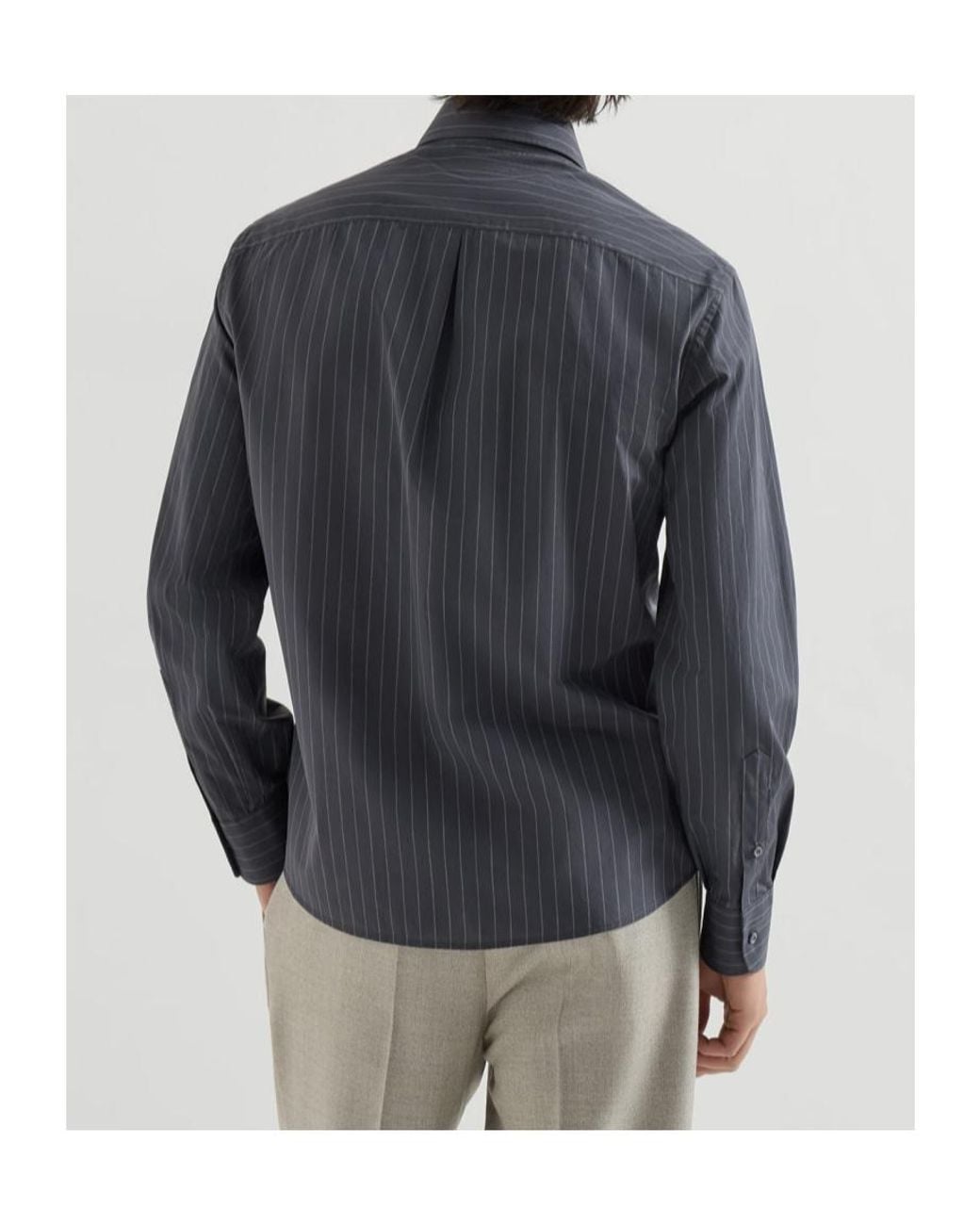Brunello Cucinelli Blue Double Pinstripe Cotton Overshirt With Italian Collar And Chest Pocket for men