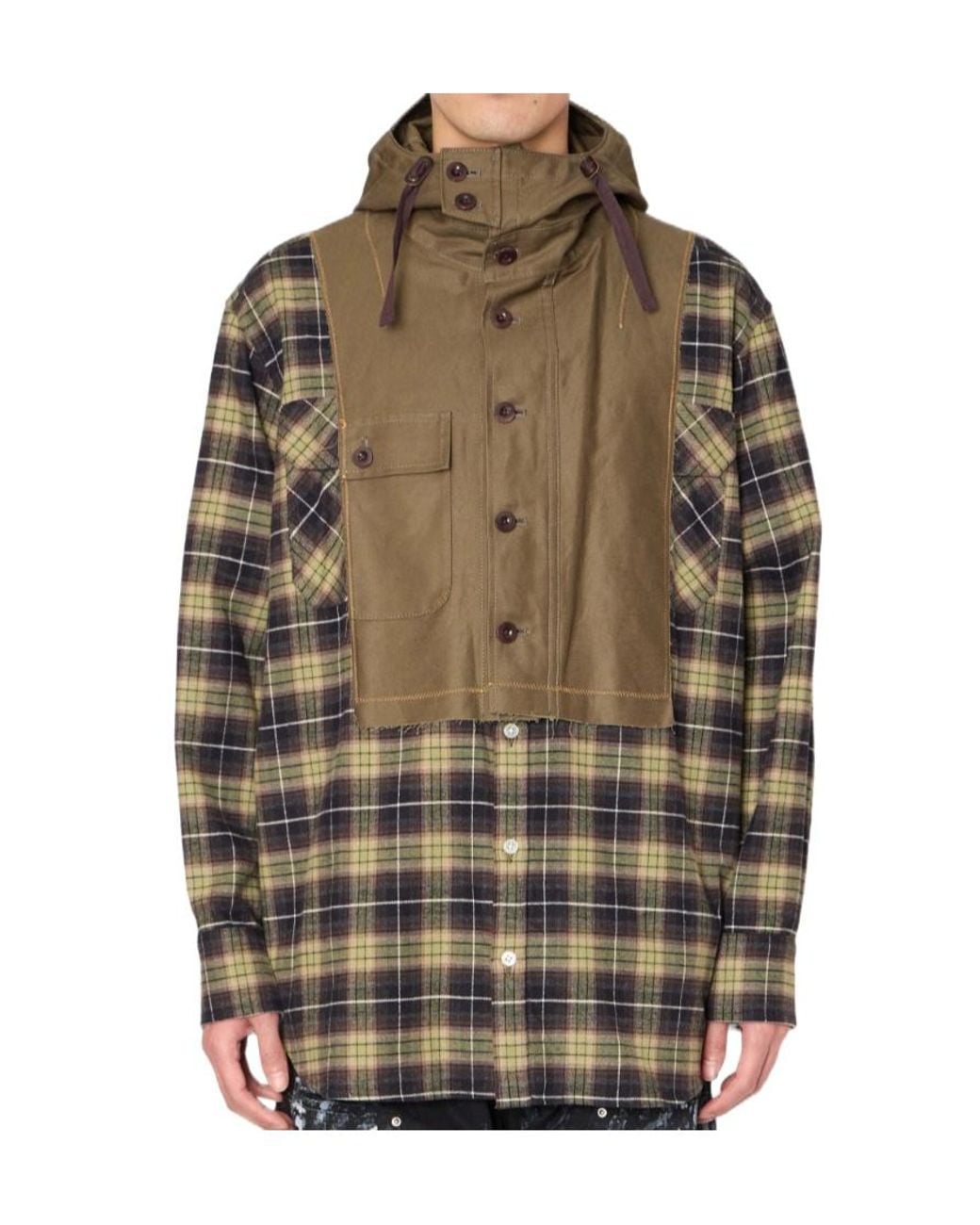 Kolor Brown Check-Pattern Patchwork Shirt for men