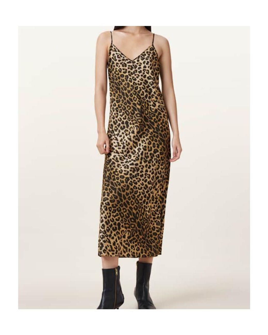 AllSaints Black Leopard Printed Off-Shoulder Dress