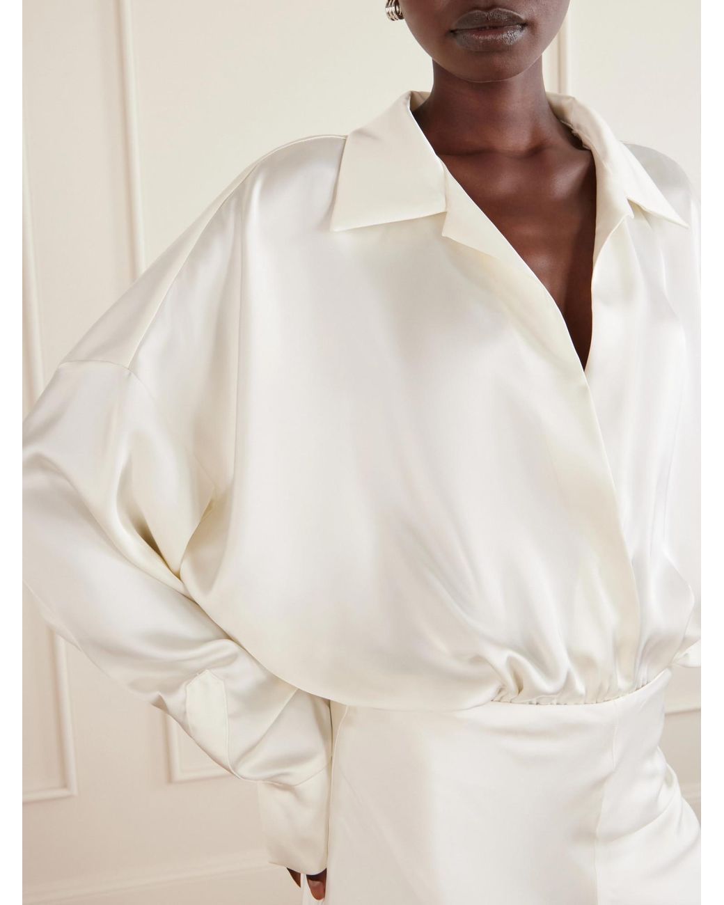 Norma Kamali White Boyfriend Shirt Satin Bodysuit