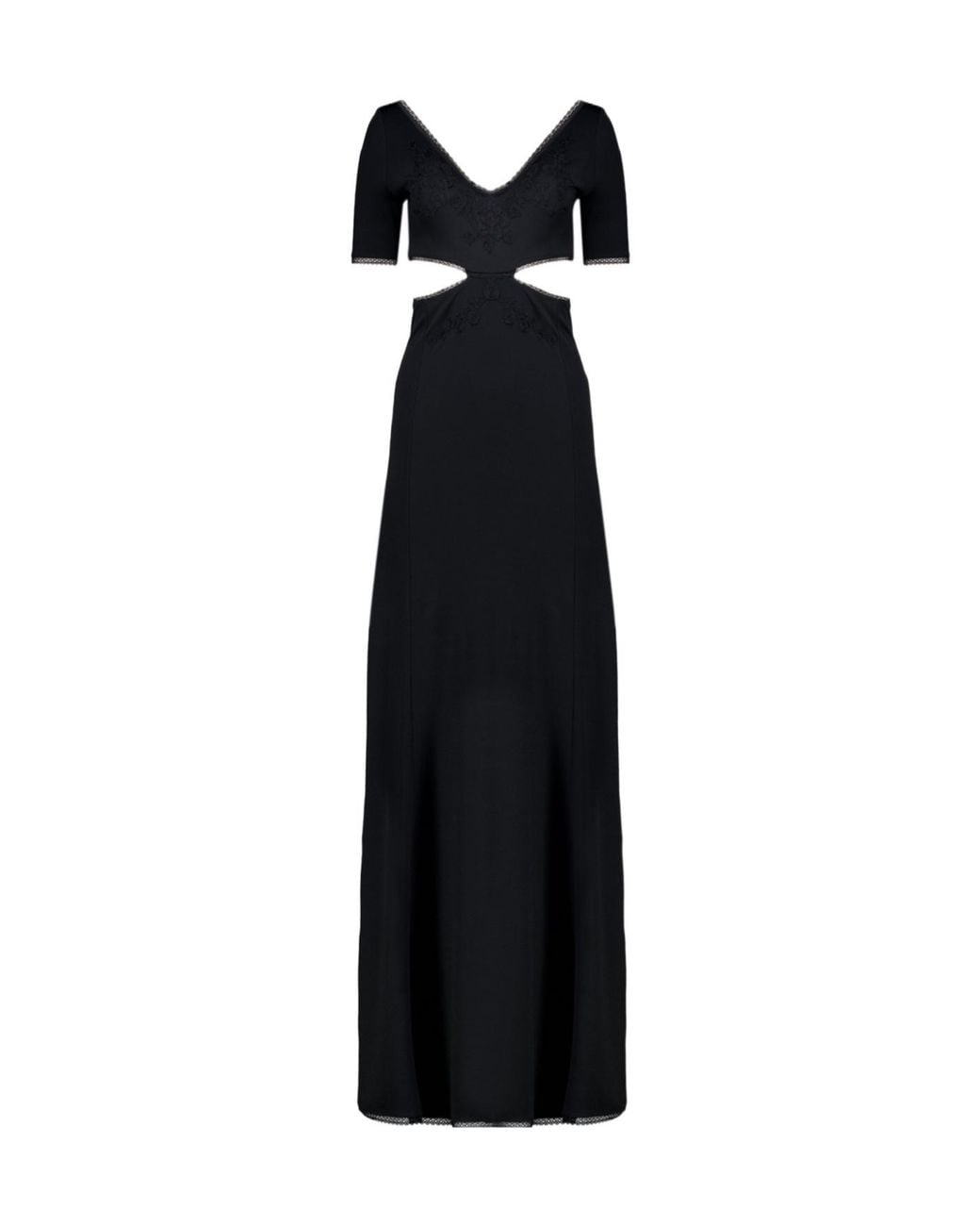 Rabanne Black Long Lingerie Dress With Embroidered Floral Details