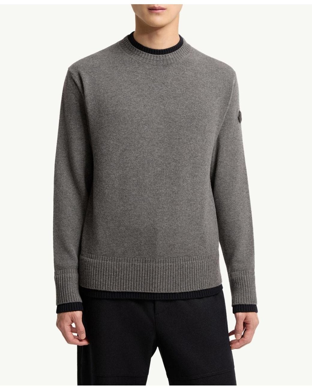 Moncler Gray Leather Logo Wool Cashmere Blend Sweater for men