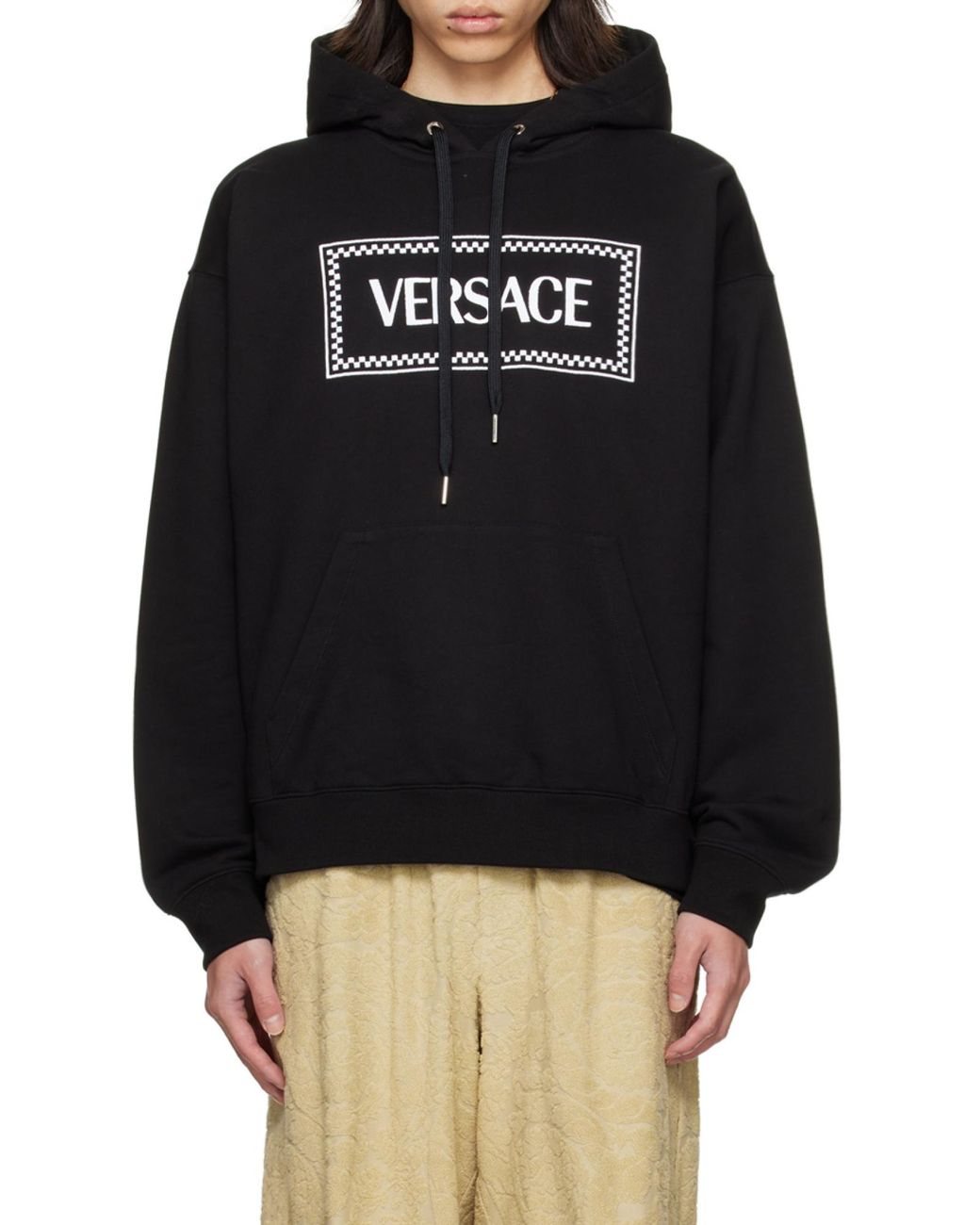 Versace Black Embroidered-90S Vintage Logo Drawstring Hoodie for men