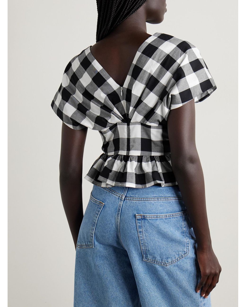 Sea Gray Gathered Gingham Cotton-Poplin Peplum Top