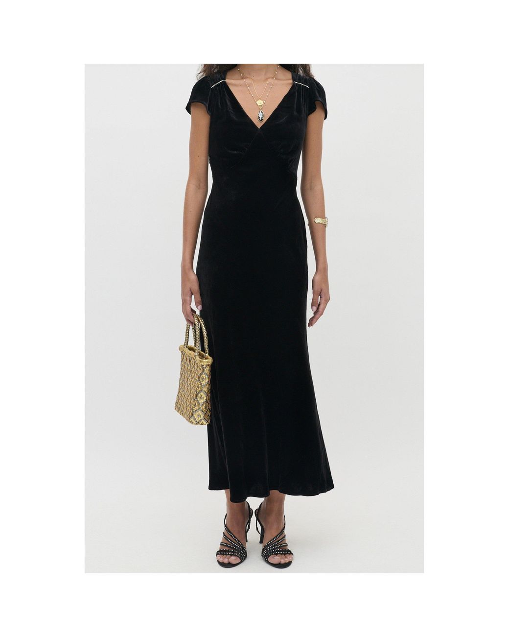Rixo Black V-Neck Velvet Midi Dress