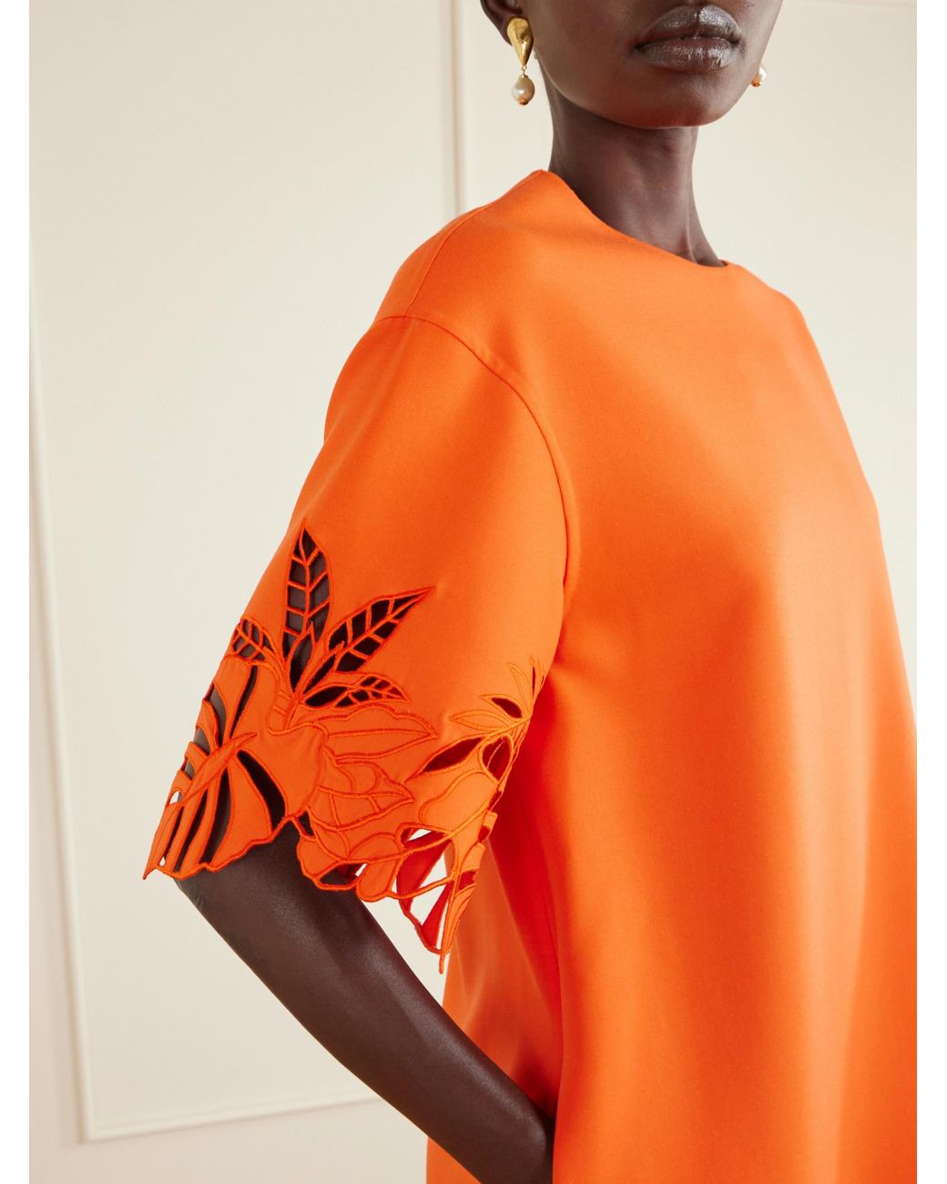 Oscar de la Renta Orange Embroidered Cut-Out Wool-Blend Mini Dress