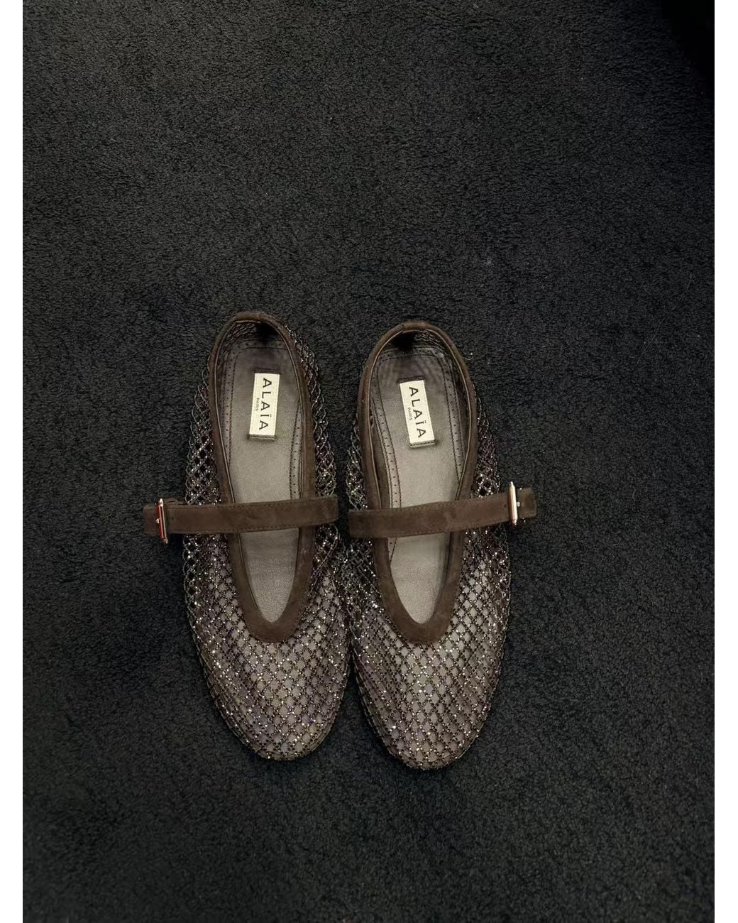 Alaïa Brown Alaïa Fishnet Embellished Ballet Flat Shoes