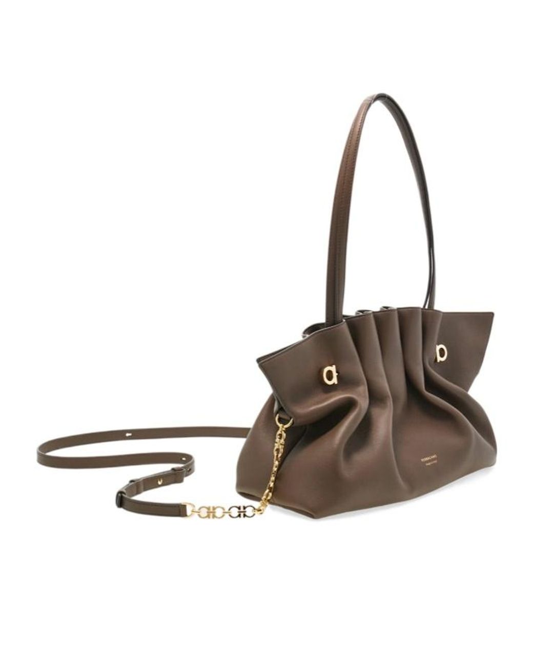 Ferragamo Brown Ferragamo Medium Soft Double-Gancini Gathered Shoulder Bag