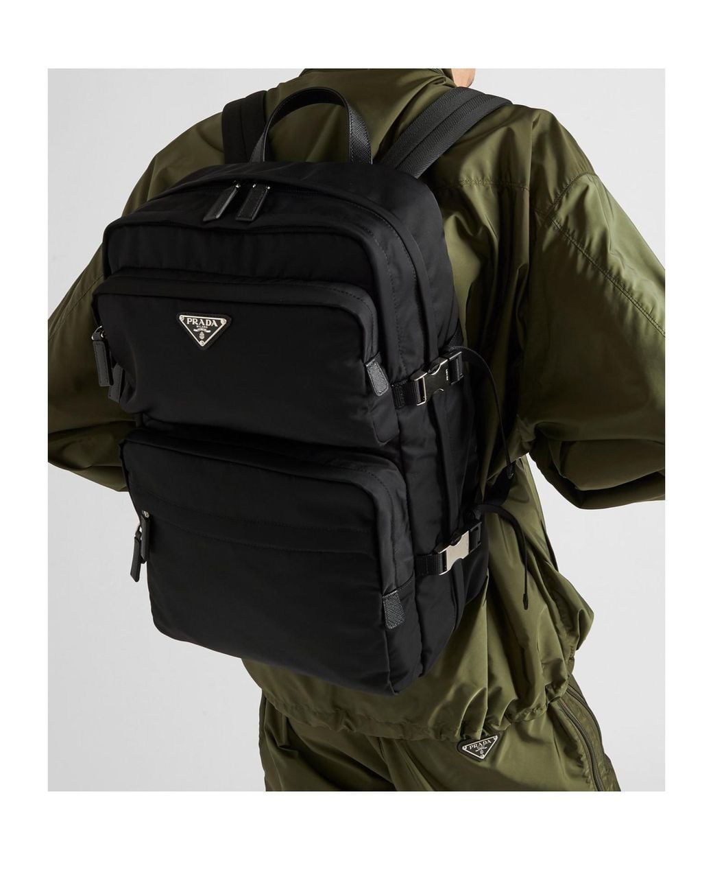 Prada Black Logo Plaque Zipped Backpack for men
